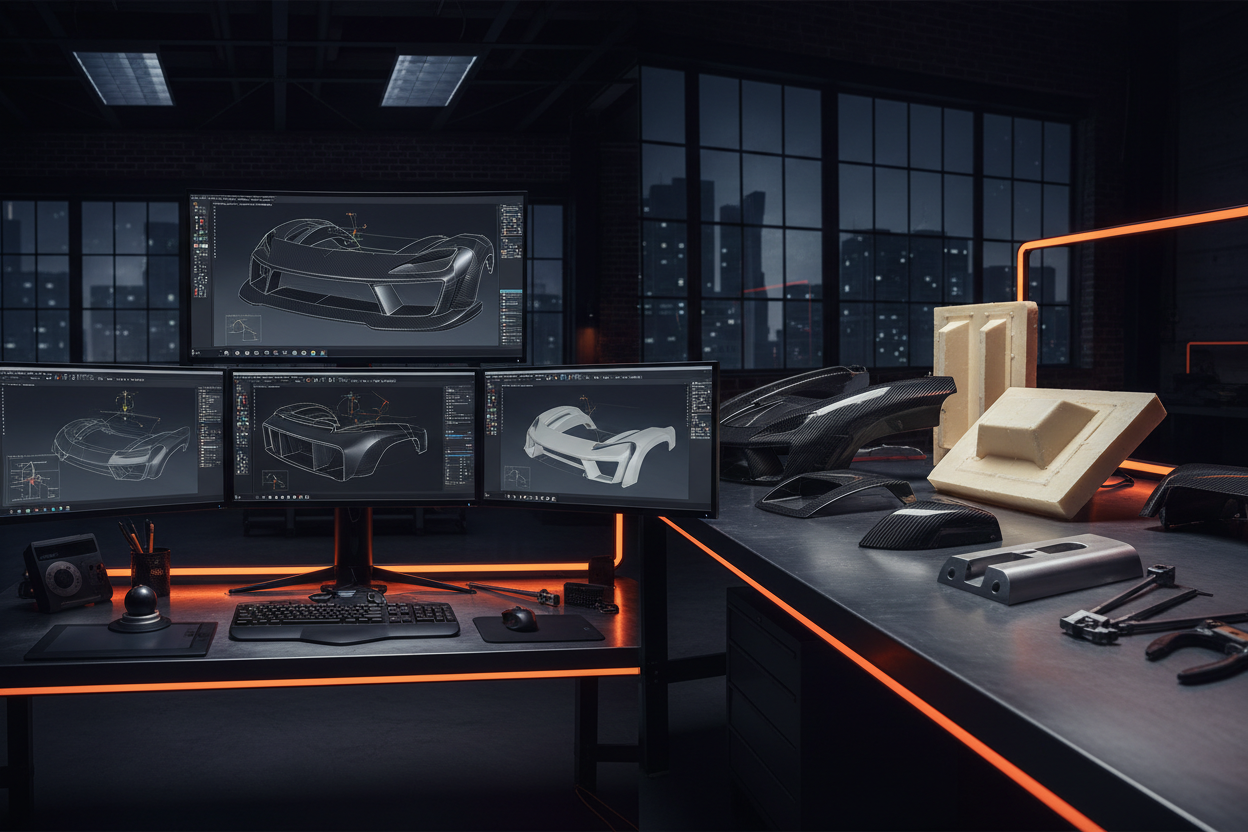 Concept development, CAD modeling, surface design, and prototype creation for carbon, fiberglass, and aero components.