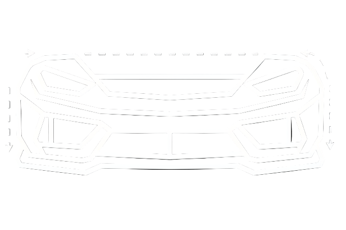 icon for Bumper, Lip & Diffuser Installation - Description for your reference: Professional mounting of front bumpers, splitters, lips, skirts, diffusers, and rear valances. - Should be white line art with black background