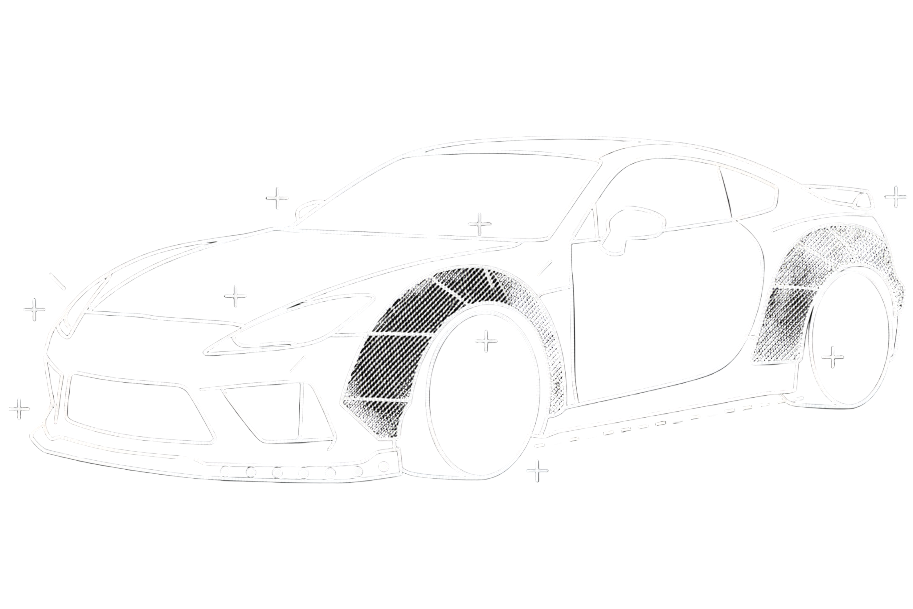 icon for widebody and fender installation for automotive - here is our description for reference: Cutting, shaping, test-fitment, alignment, and bonding for fiberglass and carbon fiber widebody systems. - should be white line art with black background